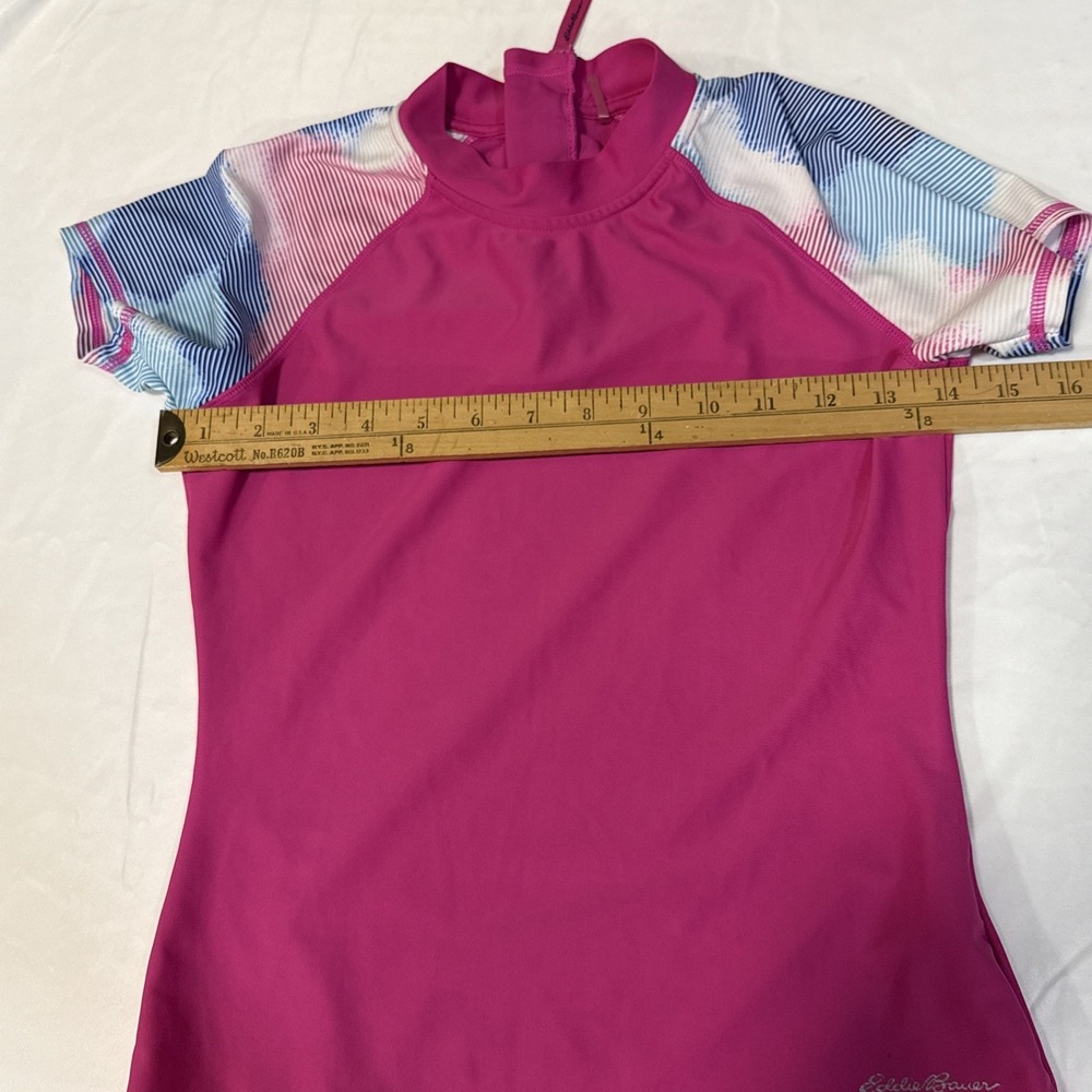 Eddie Bauer Youth Girls Medium Swim Shirt Short Sleeves Pink Zip Back Swimsuit - Picture 4 of 6